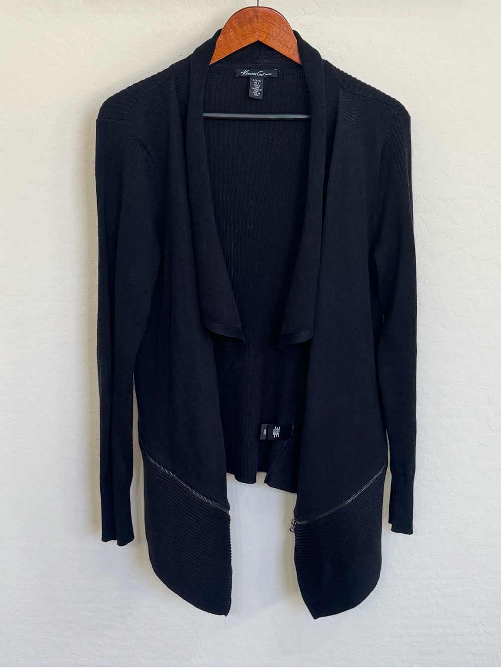 Kenneth Cole New York Black Drape Front Cardigan Zipper Hem Women's Size Large L